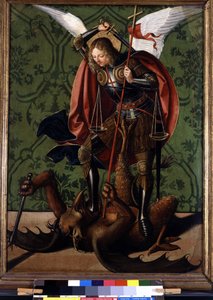 Rückseite eines Altars: Saint Michel besiegt den Dämon. Gemälde von Josse Lieferinxe, aktiv zwischen 1493-1508 von Josse (fl.1493 1508) Lieferinxe