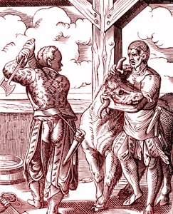Ein Metzger - Essen und Kochen im Mittelalter. Stich von Jost Amman (1539-1591). Stich 1878