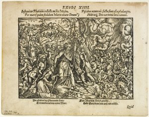 Der Durchzug durch das Rote Meer (recto) und Das Begräbnis von Jakob (verso) aus Neuwe Biblische Figuren, Tafel 48 aus Holzschnitten aus Büchern des XVI. Jahrhunderts