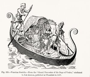 Venezianische Gondel, aus der großen Prozession des Dogen von Venedig, Illustration aus Wissenschaft und Literatur im Mittelalter und der Renaissance, geschrieben und graviert von Paul Lacroix, 1878 von Jost (after) Amman