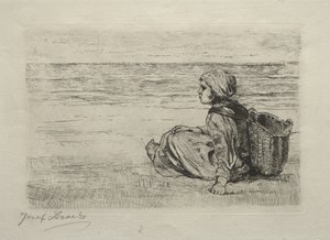 Mädchen mit Korb am Ufer sitzend