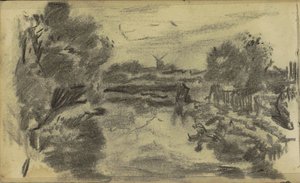Landschaft mit Wasser und einer Mühle