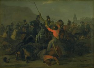 Oberst Boncke Bönnichsens Fall am 6. Dezember 1813 während eines Gefechts zwischen jütländischen Dragonern und Kosaken von Jørgen V. Sonne