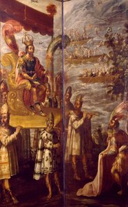 Montezuma, Detail aus dem Treffen zwischen Cortes und Montezuma, zugeschrieben Juan Correa (1645-1716) von Juan Correa