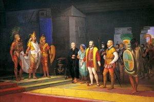 Hernán Cortés trifft Montezuma in Mexiko von Juan Ortega
