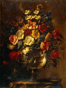 Blumen in einer Glasvase auf einem Felsen von Juan de Arellano