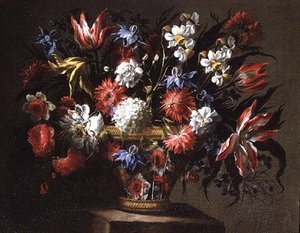 Stillleben mit Tulpen, Narzissen und anderen Blumen in einem Korb