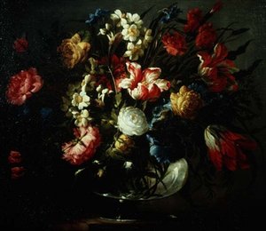 Tulpen, Nelken und Narzissen in einer Glasvase