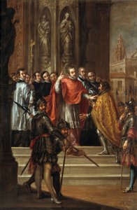 Der heilige Ambrosius verweigert Kaiser Theodosius den Eintritt in die Kirche, ca. 1673