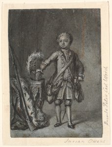 Porträt eines stehenden Jungen in Jagdausrüstung; links ein Tisch mit Jagdhut und Langlaufgewehr. Prinz Peter Carl Ulrich? von Jürgen Ovens