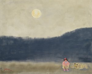 Kind und Hund bei Mondschein von Jukyong Park