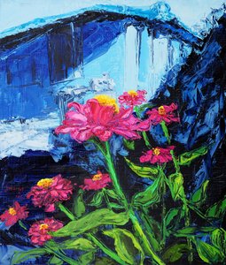 Rosa Zinnien Blauer Hintergrund von Jukyong Park