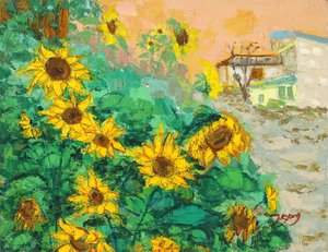 Sonnenblumen und Stadt