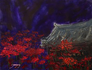 Tempel unter roten Blüten