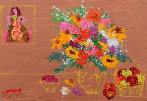 Lebhafte Blumen Cellospieler