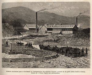 Mexikanische Arastras (Bereich, der von den Füßen der Maultiere zertrampelt wird, wie beim Treten der Ähren) zur Zerkleinerung und Amalgamierung von Silbererzen (Gould- und Curry-Fabriken) in der Nähe von Virginia City (Nevada), Gravur nach J. Ferats Zeich von Jules (after) Ferat
