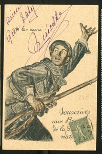 Postkarte: Abonniere National Defence Bonds - Krieg von 14-18, Kriegführende und Symbole, Darlehen, Patriotische Tage - Illustration von Abel Faivre (1867-1945)