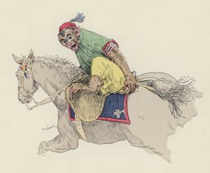 Affe reitet auf einem Pferd
