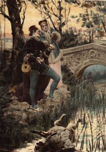 Ein Mann und eine Frau an einem Bach und einer Brücke, die auf den Körper eines Tieres im Wasser schauen. Pantagruel. Illustration von Jules Garnier. In „Rabelais et l