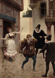 Ein Mann rennt weg, nachdem seine Frau sein Wort gefunden hat. An seiner Seite der Arzt und der Chirurg, die seine Frau operiert haben. Pantagruel. Illustration von Jules Garnier. Rabelais und das Werk von Jules Garnier