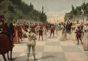 Ball organisiert von der Königin in Form eines Schachspiels, bei dem die Figuren Menschen sind. Königreich Entelechie. Pantagruel. Illustration von Jules Garnier. In „Rabelais et l