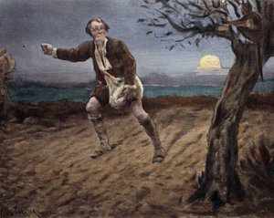 Der Teufel, auf einem Baum sitzend, spricht mit einem Bauern, der Hundekuchen sät. Pantagruel. Illustration von Jules Garnier. In „Rabelais et l