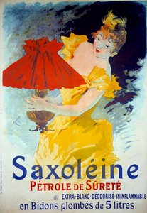 Werbeplakat für das Produkt „Saxoleine Petrole de surete“: Eine Frau füllt Öl in eine Lampe. Werbeplakat 