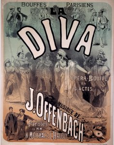 Plakat für die Operette „Diva“ mit Musik von Jacques Offenbach (1819-1880) bei den Pariser Bouffes