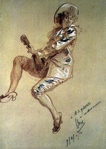 Sitzende Pierrette, die Mandoline spielt von Jules Cheret