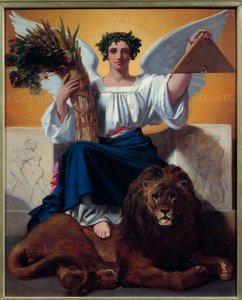 Die Republik. Allegorie der Republik als Engel mit Krone, Strahlenbündel und Delta, auf einem Löwen stehend