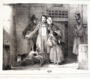 Mann verlässt das Gefängnis und wird mit seiner Familie wiedervereint, ca. 1830.