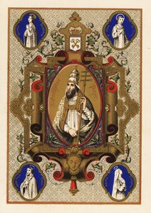 Porträt von Sankt Gregor, Papst Gregor I., mit Triregnum oder Dreifachkrone und päpstlicher Ferula, innerhalb eines dekorativen Rahmens