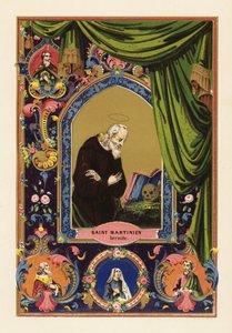 Porträt des Heiligen Martinian, Einsiedler von Caesarea in Palästina, mit Heiligenschein, lesend in der Bibel, an einen menschlichen Schädel gelehnt, innerhalb eines dekorativen Rahmens aus Vorhängen und Laub