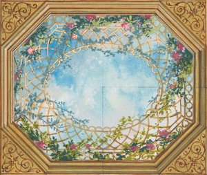 Entwurf für eine Decke, bemalt mit Wolken, Gittern und Rosen, zweite Hälfte des 19. Jahrhunderts. Schöpfer: Jules-Edmond-Charles Lachaise, Eugène-Pierre Gourdet