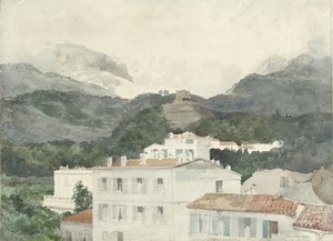 Landhäuser am Fuße der Berge, Hochgebirge in der Ferne, La Turbie von Jules Ferdinand Jacquemart