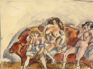 Drei Frauen auf einem roten Sofa