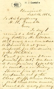 Brief unterzeichnet von Julian Bates, Florissant, an Seine Exzellenz H.R. Gamble, 16. September 1862
