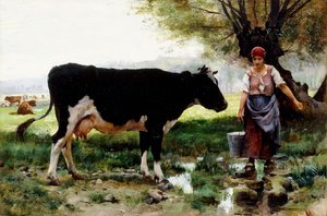 Eine Milchmagd mit ihrer Kuh