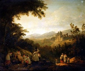 Bewaldete Landschaft mit Wäscherinnen an einem Brunnen von Julius Caesar Ibbetson