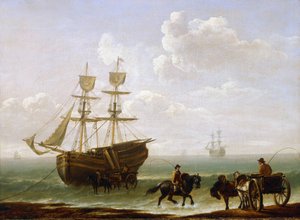 Ein Ziegelstein, der an der Küste gefangen wurde, in Karren entladen, um 1790, von Julius Caesar Ibbetson (1759-1817)