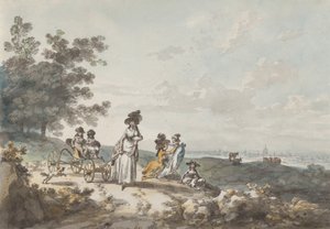 Ansicht von London mit St. Paul’s in der Ferne: Frau und Kinder mit Kinderwagen von Julius Caesar Ibbetson