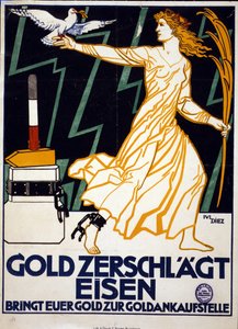 Frau, die den Frieden darstellt, trägt eine Taube und eine goldene Palme, schreitet vom Block weg, von dem sie durch einen Goldhammer befreit wurde. Gold bricht Eisen. Bringen Sie Ihr Gold zu einem Goldhändler. Plakat ca. 1919.