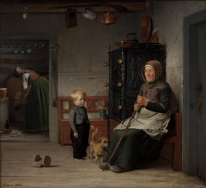 Eine arme Frau, die in einem Bauernhaus auf ein Bier wartet