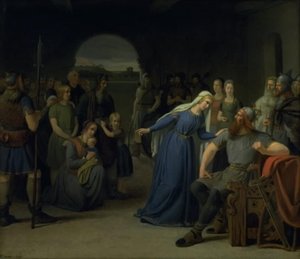 Die dänische Königin Thyra Danebod versucht, das Herz ihres Mannes Gorm den Alten gegenüber einigen christlichen Gefangenen zu erweichen von Julius Exner