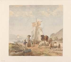 Figuren mit Vieh am Flussufer mit Fähre