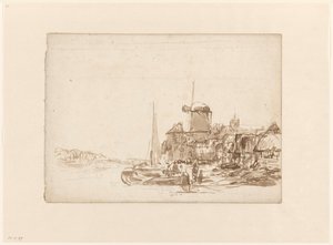 Städtchen mit Windmühle an einem Kanal von Julius Jacobus van de Sande Bakhuyzen