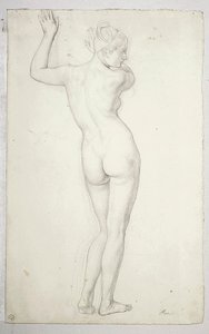 Weiblicher Akt in stehender Pose, von hinten gezeigt; verso, Umriss eines weiblichen Akts von Julius Schnorr von Carolsfeld