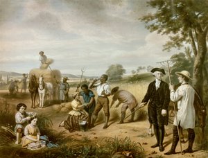Washington der Bauer: George Washington (1732-1799) auf den Feldern von Mont Vernon, seiner Plantage im Earl of Fairfax, Virginia. In der unteren linken Ecke sind seine beiden Stiefkinder, John und Martha Parke Custis, dargestellt. Lithografie von Junius Brutus Stearns