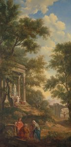 Arkadische Landschaft mit einem Tempel links und einem sitzenden alten Mann im Vordergrund