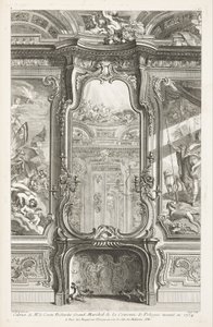 Kabinett von Herrn Graf Bielenski, Großmarschall der Krone von Polen, ausgeführt 1734; Kamin mit Spiegel, mit auf jeder Seite einem Teil der Wandverkleidung und Gemälden, 1. Platte von Juste Aurèle Meissonnier